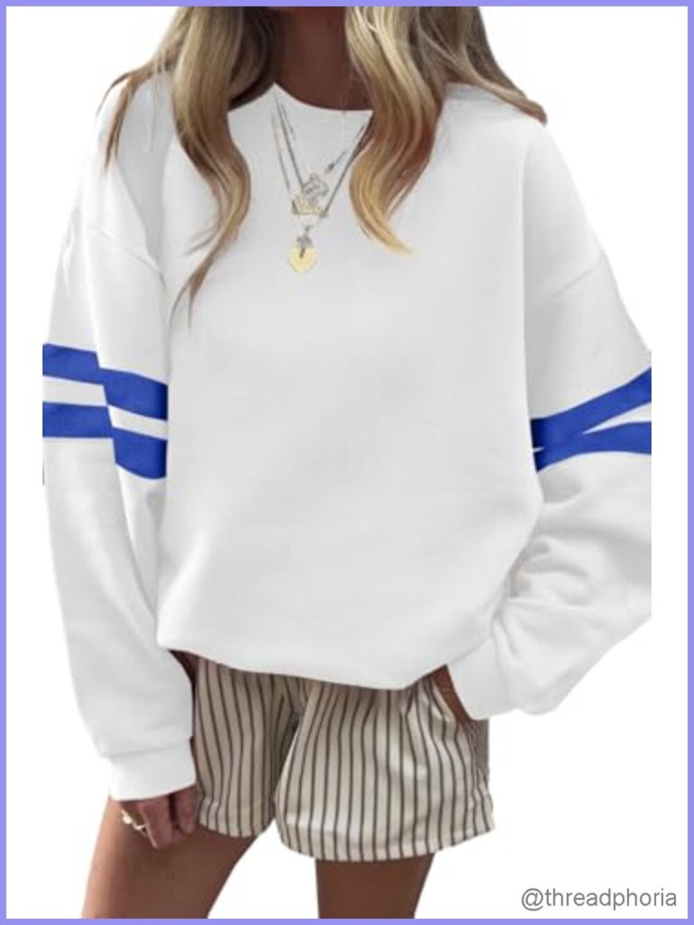 Women's Varsity Striped Drop Shoulder Sweatshirt Crewneck Long Sleeve